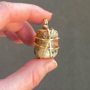 Crazy Lace Agate Gold Tone Wire Wrap Pendant